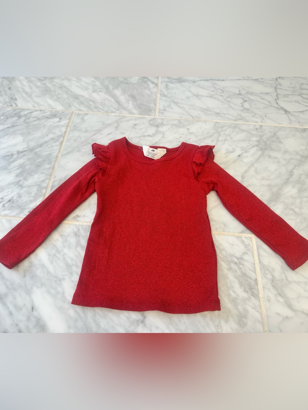 H&M Girls Red Ruffle Shoulder Knit Shimmer Top
